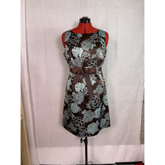 Jessica Howard Petite Brown & Blue Belted Dress Size 14P Satiny Feel E103 - Picture 1 of 11